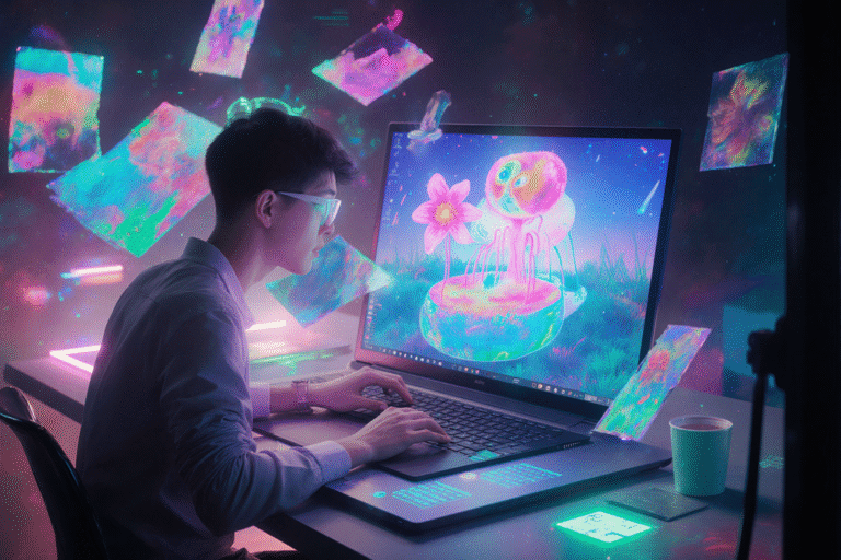 A beginner creating their first AI-generated image on a sleek laptop, surrounded by colorful digital artwork floating in the air, glowing neon and pastel tones, cinematic lighting, ultra-detailed, futuristic creative workspace, 8k resolution, inspirational and inviting style for tech tutorial