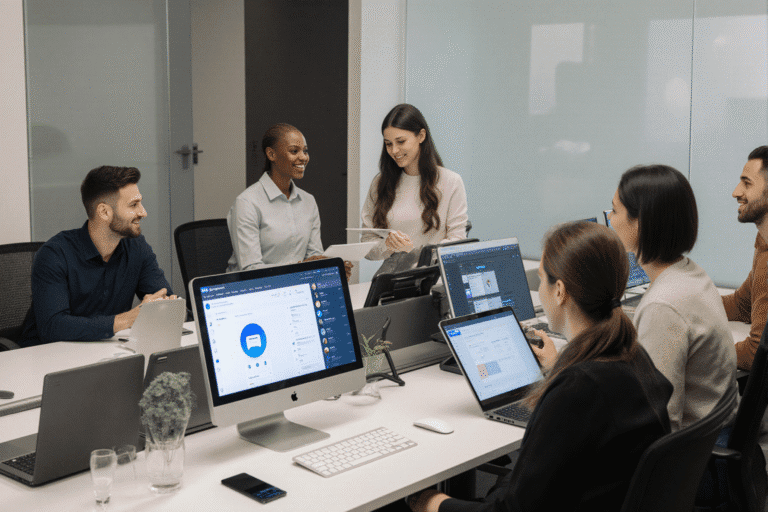 A modern office environment with diverse professionals collaborating while using AI tools on laptops and tablets, ChatGPT interface visible on screens, futuristic but realistic design, clean minimalistic style, bright natural lighting, photo-realistic, DSLR quality