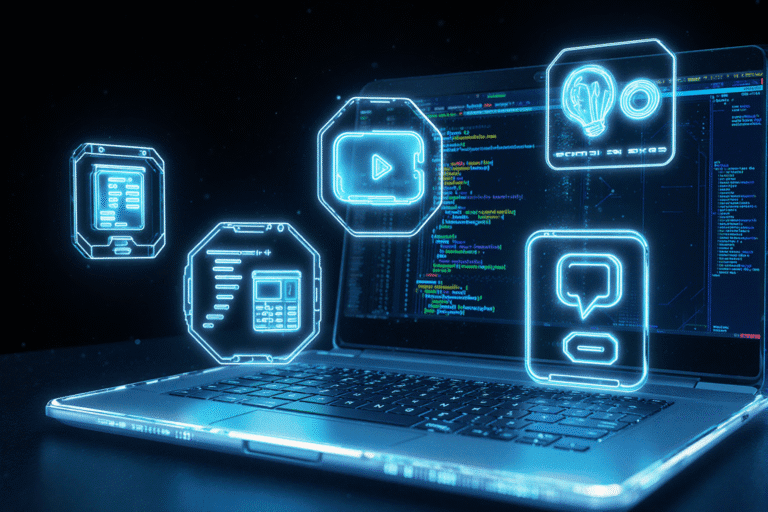 A sleek digital workspace featuring five holographic AI tool icons: an image editor, a video creator, a code generator, a terminal interface, and a chat model. Futuristic, neon-lit aesthetic, ultra-high detail, 8K resolution—designed for a tech news front page.