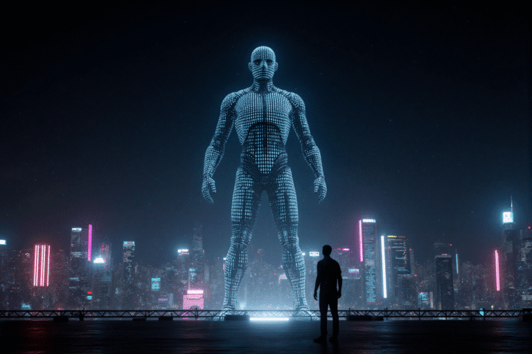 A futuristic city skyline at night with glowing neon lights, a giant humanoid AI figure made of digital code towers above, symbolizing superintelligence. Humans look up in awe and fear, cinematic, photorealistic, high detail, cyberpunk atmosphere.