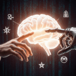 A symbolic image of a human hand and a robotic hand reaching towards a glowing AI brain, surrounded by digital codes and ethical symbols, futuristic, high-detail, cinematic atmosphere.