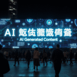 A futuristic digital billboard in Beijing, glowing with the words "AI Generated Content" in English and Chinese (人工智能生成内容), surrounded by neon lights and holographic icons of faces, text, and videos. Crowds of people walk past, some stopping to look up. High-resolution, cinematic style, cyberpunk color grading, sharp detail, photo realistic, wide angle.