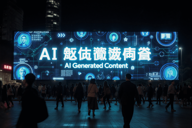 A futuristic digital billboard in Beijing, glowing with the words "AI Generated Content" in English and Chinese (人工智能生成内容), surrounded by neon lights and holographic icons of faces, text, and videos. Crowds of people walk past, some stopping to look up. High-resolution, cinematic style, cyberpunk color grading, sharp detail, photo realistic, wide angle.