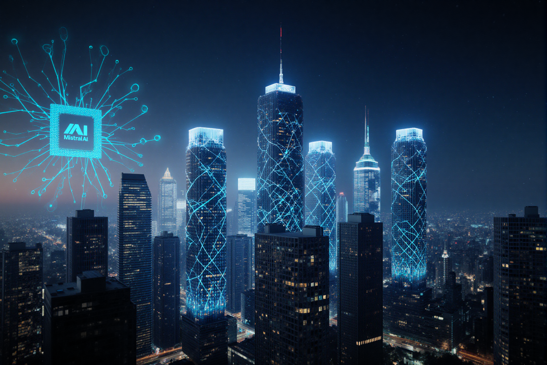 A futuristic cityscape representing Europe’s AI future, with glowing neural network patterns integrated into modern architecture, ASML chip machines in the background, and the Mistral AI logo subtly embedded in the skyline. Ultra-detailed, photorealistic, cinematic lighting.