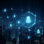 A futuristic cyberattack scene, showing AI agents infiltrating digital networks in real-time, glowing neural networks, dark tech aesthetic, high-tech cityscape in the background, cinematic lighting, photorealistic 8K detail.