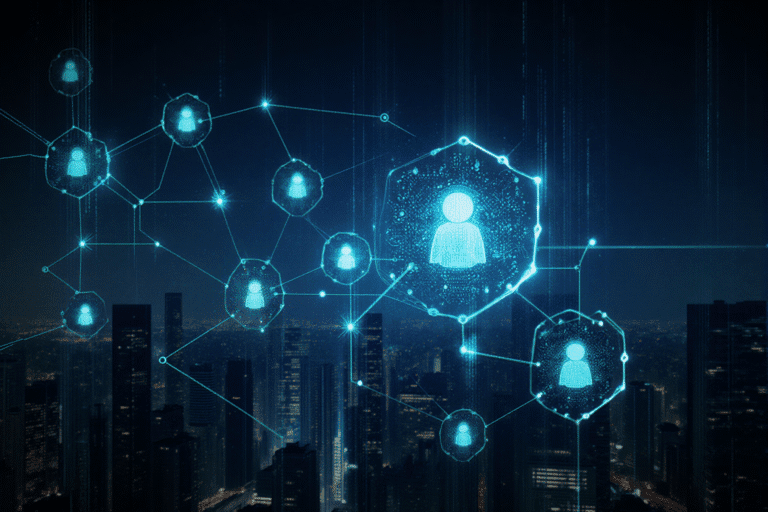 A futuristic cyberattack scene, showing AI agents infiltrating digital networks in real-time, glowing neural networks, dark tech aesthetic, high-tech cityscape in the background, cinematic lighting, photorealistic 8K detail.