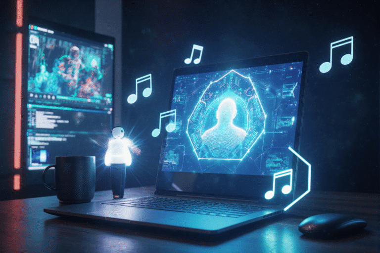 A futuristic workspace with a laptop, glowing holographic AI assistants, digital art floating in the air, music notes, and video screens, modern bright design, ultra-detailed, cinematic lighting, photorealistic 8K