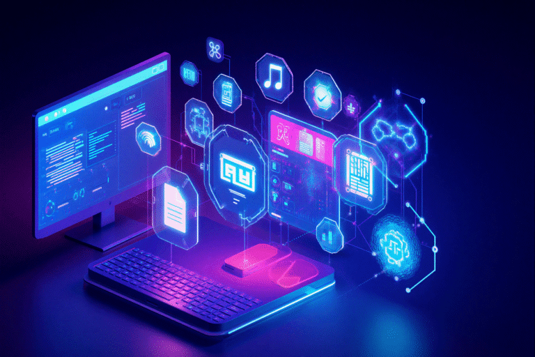 A futuristic digital workspace with glowing holographic icons representing AI tools – writing, image generation, video editing, music creation, and productivity apps. Sleek modern interface, futuristic computer screens, vibrant neon colors (blue, purple, pink), high-tech minimalistic background, ultra-detailed, photo-realistic, cinematic lighting.