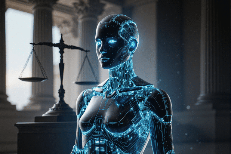 A futuristic digital artwork of a humanoid AI made of glowing circuits, standing in front of a blurred courtroom with scales of justice in the background, symbolizing ethics and copyright in artificial intelligence. Cinematic lighting, high detail, modern concept art style.