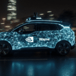A futuristic concept illustration of a self-driving car on the streets of London, powered by artificial intelligence, with glowing neural network patterns overlaying the vehicle. Nvidia and Wayve logos subtly integrated into the design. Ultra realistic, cinematic lighting, high detail, 16k render.