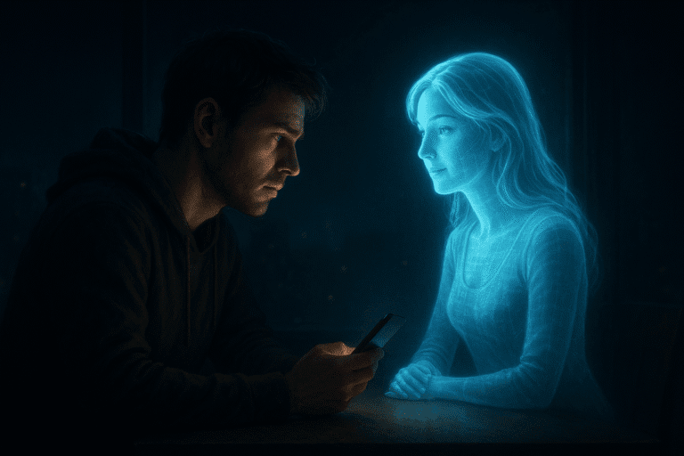 hyperrealistic concept art of a lonely man talking to a holographic AI girlfriend at night, glowing phone light, emotional atmosphere, cinematic lighting, ultra-detailed, 8k
